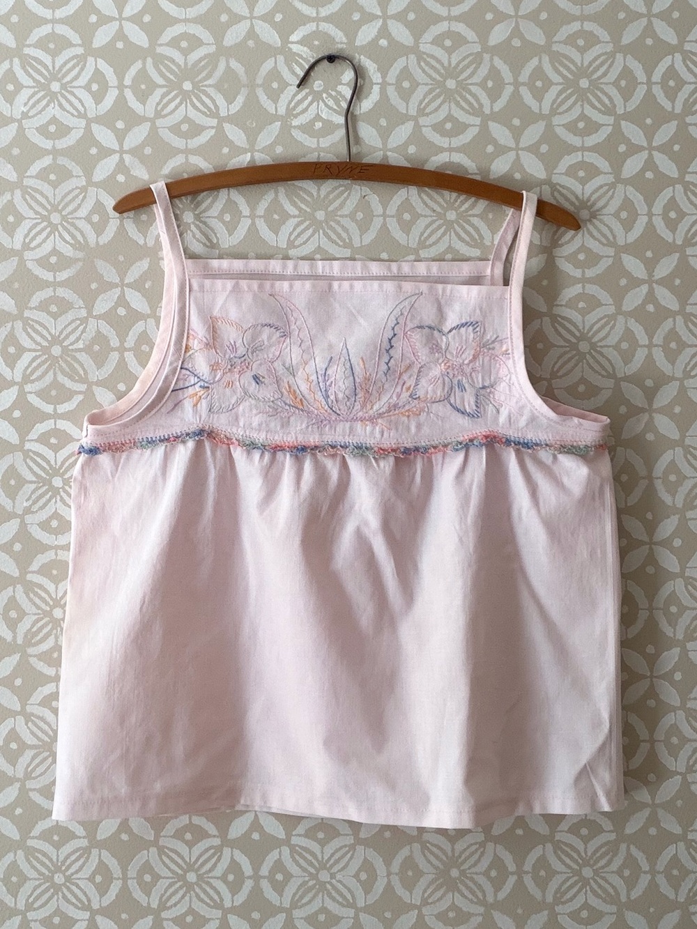 Light Pink Handmade Embroidered Cotton Tank Top-Reworked Vintage Pillowcase